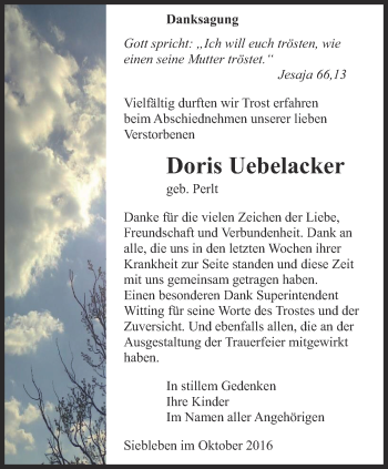 Traueranzeige von Doris Uebelacker von Ostthüringer Zeitung, Thüringische Landeszeitung