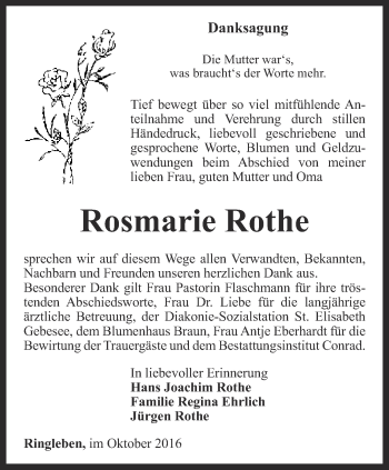 Traueranzeige von Rosemarie Rothe von Thüringer Allgemeine, Thüringische Landeszeitung