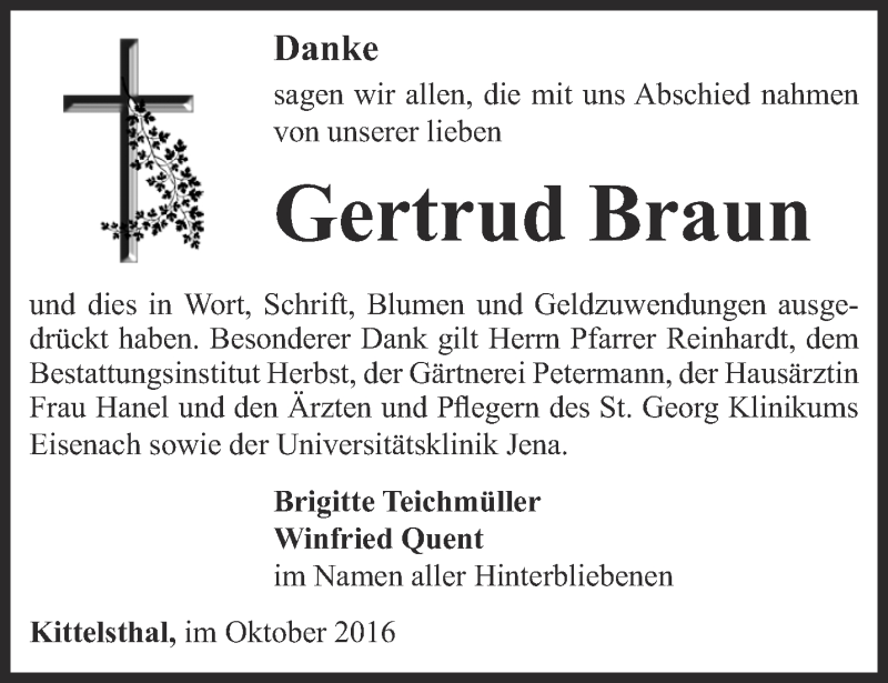  Traueranzeige für Gertrud Braun vom 04.10.2016 aus Thüringer Allgemeine, Thüringische Landeszeitung