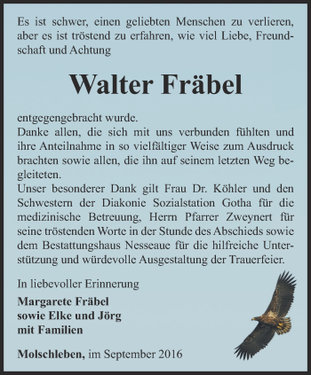 Traueranzeige von Walter Fräbel von Ostthüringer Zeitung, Thüringische Landeszeitung