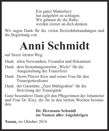 Traueranzeige von Anni Schmidt von Thüringer Allgemeine, Thüringische Landeszeitung