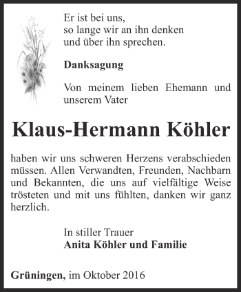 Traueranzeige von Klaus-Hermann Köhler von Thüringer Allgemeine