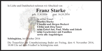 Traueranzeige von Franz Starke von Ostthüringer Zeitung