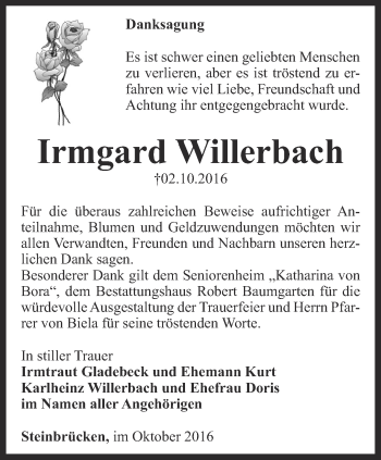 Traueranzeige von Irmgard Willerbach von Thüringer Allgemeine