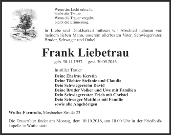 Traueranzeige von Frank Liebetrau von Thüringer Allgemeine, Thüringische Landeszeitung