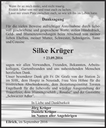 Traueranzeige von Silke Krüger von Thüringer Allgemeine