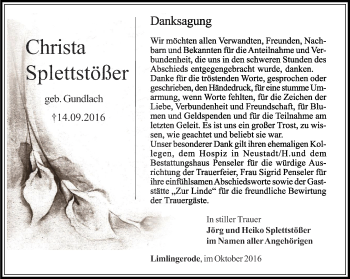 Traueranzeige von Christa Splettstößer von Thüringer Allgemeine