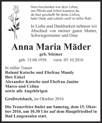 Traueranzeige von Anna Maria Mäder von Thüringer Allgemeine, Thüringische Landeszeitung