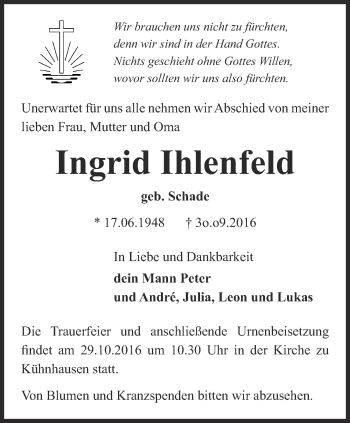 Traueranzeige von Ingrid Ihlenfeld von Thüringer Allgemeine, Thüringische Landeszeitung