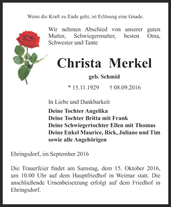 Traueranzeige von Christa Merkel von Thüringer Allgemeine, Thüringische Landeszeitung