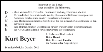 Traueranzeige von Kurt Beyer von Ostthüringer Zeitung