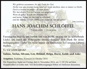 Traueranzeige von Hans Joachim Schlöffel von Ostthüringer Zeitung, Thüringische Landeszeitung