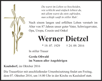 Traueranzeige von Werner Dietzel von Ostthüringer Zeitung