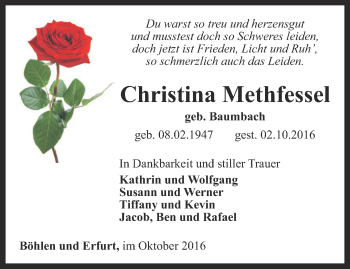 Traueranzeige von Christina Methfessel von Thüringer Allgemeine, Thüringische Landeszeitung