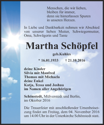 Traueranzeige von Martha Schöpfel von Thüringer Allgemeine, Thüringische Landeszeitung