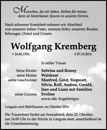 Traueranzeige von Wolfgang Kremberg von Thüringer Allgemeine, Thüringische Landeszeitung