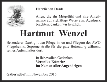 Traueranzeige von Hartmut Wenzel von Thüringer Allgemeine, Thüringische Landeszeitung