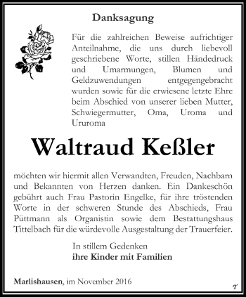 Traueranzeige von Waltraud Keßler von Thüringer Allgemeine