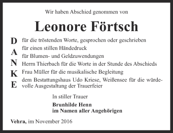 Traueranzeige von Leonore Förtsch von Thüringer Allgemeine