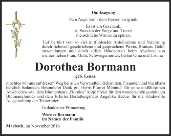 Traueranzeige von Dorothea Bormann von Thüringer Allgemeine, Thüringische Landeszeitung