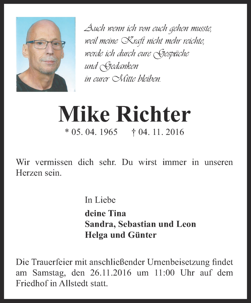  Traueranzeige für Mike Richter vom 19.11.2016 aus Ostthüringer Zeitung