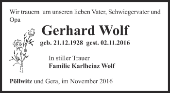 Traueranzeige von Gerhard Wolf von Ostthüringer Zeitung