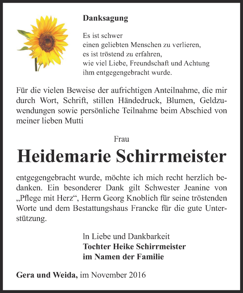  Traueranzeige für Heidemarie Schirrmeister vom 05.11.2016 aus Ostthüringer Zeitung
