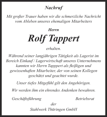 Traueranzeige von Rolf Tappert von Ostthüringer Zeitung