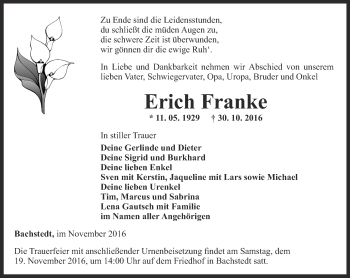 Traueranzeige von Erich Franke von Thüringer Allgemeine