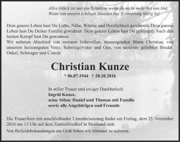 Traueranzeige von Christian Kunze von Ostthüringer Zeitung