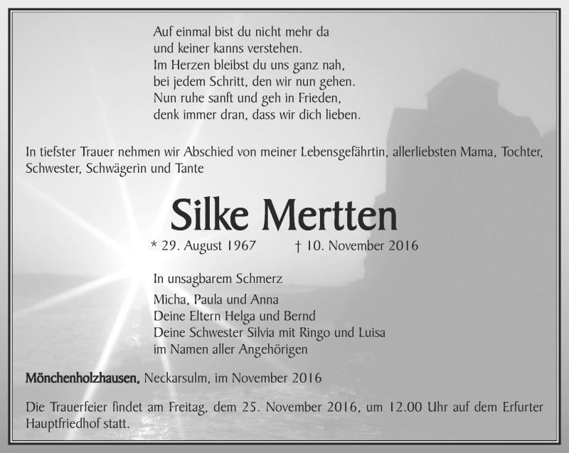  Traueranzeige für Silke Mertten vom 22.11.2016 aus Thüringer Allgemeine, Thüringische Landeszeitung