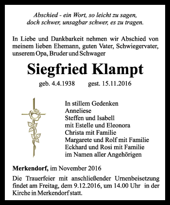 Traueranzeige von Siegfried Klampt von Ostthüringer Zeitung