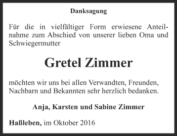 Traueranzeige von Gretel Zimmer von Thüringer Allgemeine, Thüringische Landeszeitung