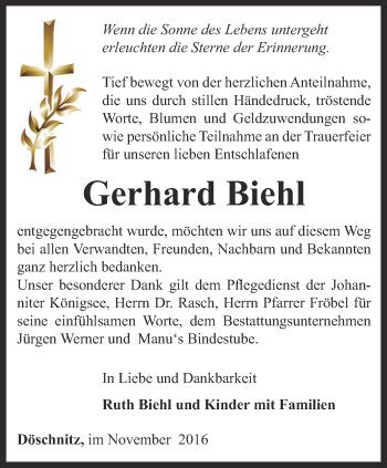 Traueranzeige von Gerhard Biehl von Ostthüringer Zeitung