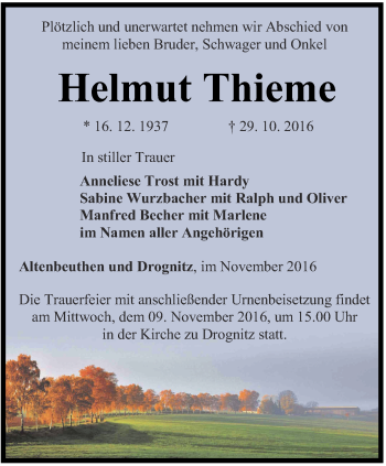 Traueranzeige von Helmut Thieme von Ostthüringer Zeitung
