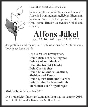 Traueranzeige von Alfons Jäkel von Ostthüringer Zeitung