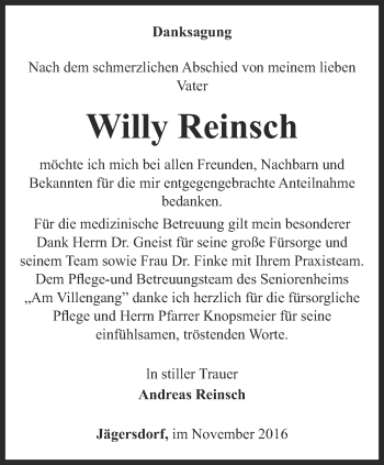 Traueranzeige von Willy Reinsch von Ostthüringer Zeitung, Thüringische Landeszeitung