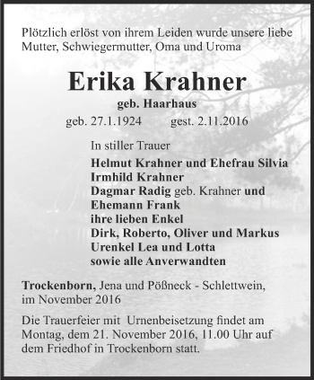 Traueranzeige von Erika Krahner von Ostthüringer Zeitung