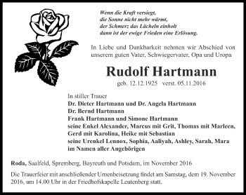 Traueranzeige von Rudolf Hartmann von Ostthüringer Zeitung