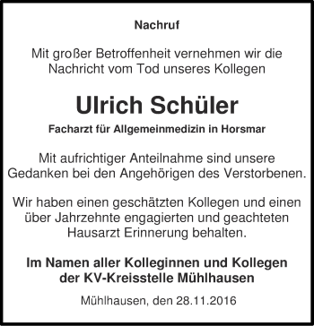 Traueranzeige von Ulrich Schüler von Thüringer Allgemeine, Thüringische Landeszeitung