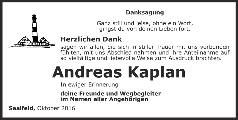  Traueranzeige für Andreas Kaplan vom 01.11.2016 aus Ostthüringer Zeitung