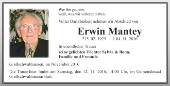 Traueranzeige von Erwin Mantey von Ostthüringer Zeitung, Thüringische Landeszeitung