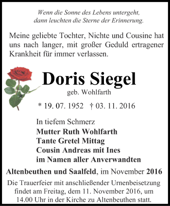 Traueranzeige von Doris Siegel von Ostthüringer Zeitung