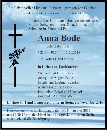 Traueranzeige von Anna Bode von Thüringer Allgemeine