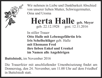 Traueranzeige von Herta Halle von Thüringer Allgemeine, Thüringische Landeszeitung