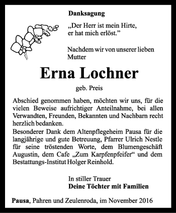 Traueranzeige von Erna Lochner von Ostthüringer Zeitung