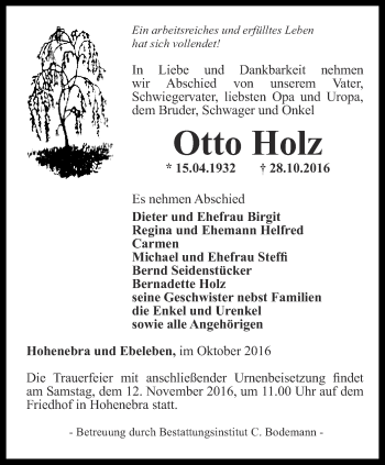 Traueranzeige von Otto Holz von Thüringer Allgemeine