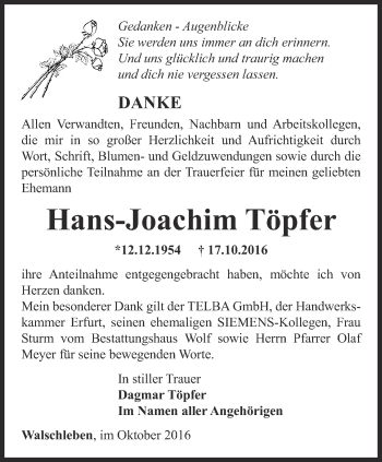 Traueranzeige von Hans-Joachim Töpfer von Thüringer Allgemeine, Thüringische Landeszeitung