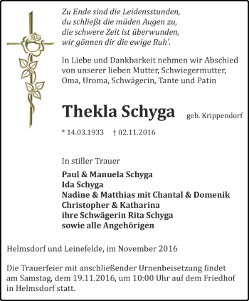 Traueranzeige von Thekla Schyga        von Thüringer Allgemeine