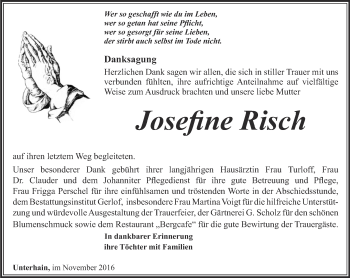 Traueranzeige von Josefine Risch von Ostthüringer Zeitung
